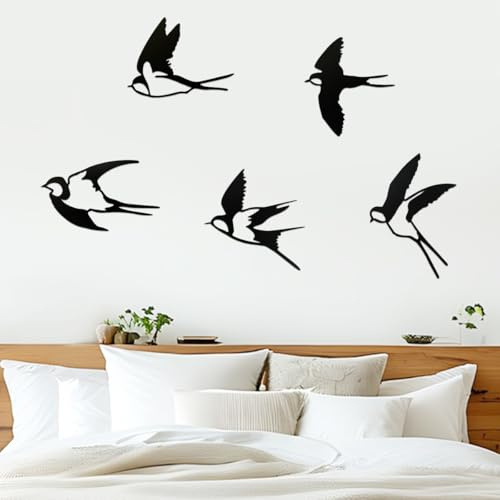 Zuxbolf 5 Pájaros para Dcoración de Pared Golondrinas Decortivas de Pared de Acrílico Negro Adornos de Golondrinas Adhesivos para Decorar Habitación Dormitorio Salón Baño Porche Terraza Jardín