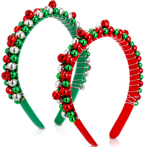 Yilloog 2 Pack Christmas Headband Red Green Silver Tone Christmas Holiday Bells Headbands for Women (Red Green)