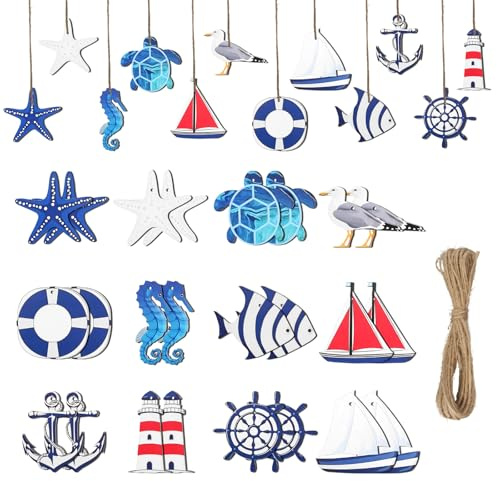 24 Stück Maritime Dekoanhänger Set Fischernetz Deko Enthält 20M Hanfseil | Maritime Deko zum Aufhängen, Dekorationen mit Nautischem Thema für Schlafzimmer, Wohnzimmer, Bar und Partydekorationen