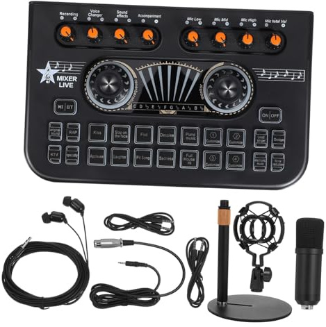 TEHAUX Équipement de Diffusion en Direct Console de Mixage Audio pour Karaoke Mixeur de Microphones Changeur de Voix Carte Son Compatible Plug and Play