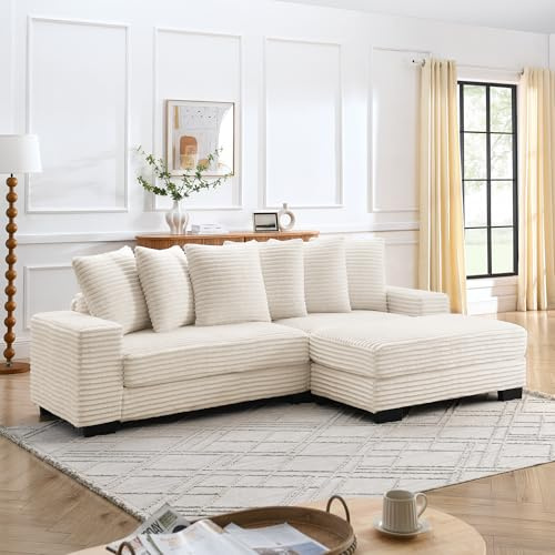 Arhatreya 4-sitsig L-formad soffa, hörnsoffa, modern soffa, 4-sitsig soffa med 6 kuddar och schäslong, stoppad soffa för vardagsrum, sovrum, lägenhet, buros, manchestertyg, beige