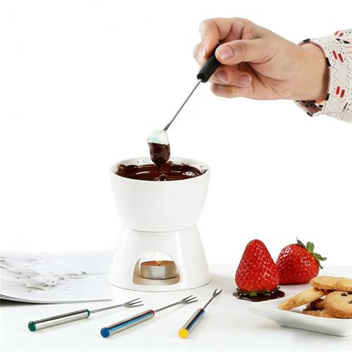 Schokofondue Tasse Schokoladen Selber Machen Set Schokoladenfondue Tasse Fondueset Teelicht Klein Mini Wichtelgeschenke für Frauen Männer 4 Personen Schokolade Schmelzen Keramik Schoko & Käsefondue