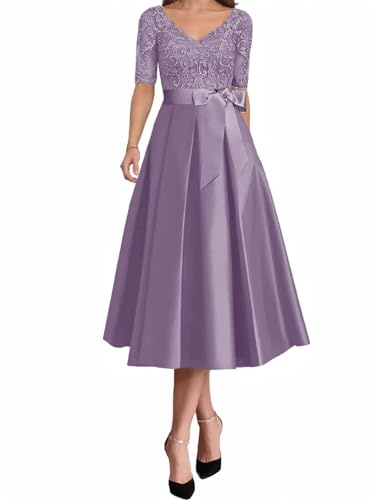 WSEYU Manica Mezza Madre della Sposa Abiti per lo Sposo in Pizzo con Applique Formali da Sera Abiti per la Nonna Lunghezza Tè ZMKI541, 44