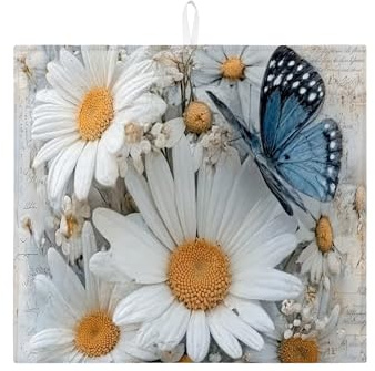 Tapetes de secado de platos de crisantemo blanco para encimera de cocina, tapete absorbente floral vintage de mariposa azul, almohadilla de secado de microfibra natural de primavera para protector de
