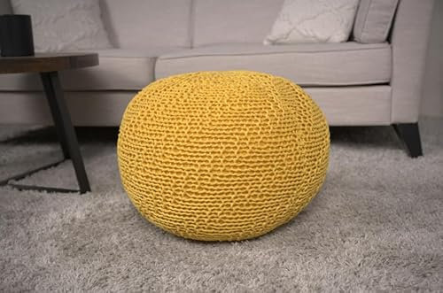 Knitted Cotton Round Pouf, Yellow UE900