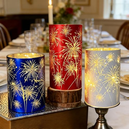 Celebration Firework Lanterns, 2026 New Set of 3 Celebration Hurricanes, Firework Candles, Dual Light Modes – Steady & Blinking for Mantel, Dining Table, Holiday Décor (3 Pcs)