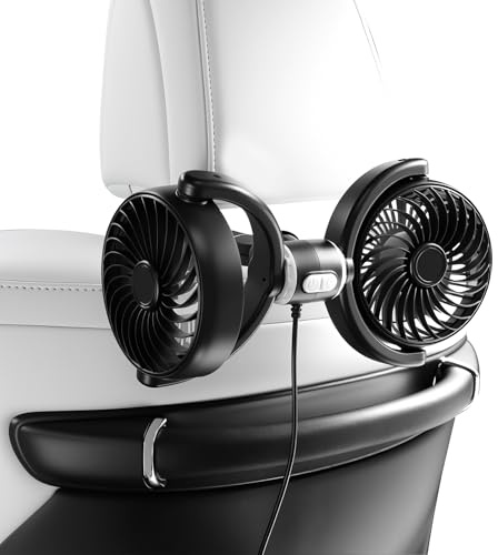 D-Lumina Ventilatore per auto da 12 V, doppia testa, girevole a 360°, con 3 velocità, ventilatore USB, ventilatore a clip per veicoli come berlina, SUV, RV per sedili posteriori