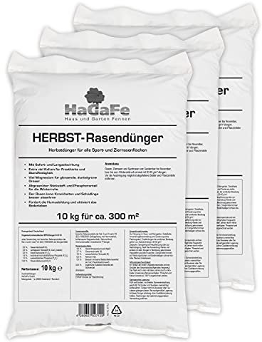 30kg (3 x 10kg) HaGaFe Herbstrasendünger, Herbst - Rasendünger, Dünger, Kaliumdünger für Frosthärte und Standfestigkeit, gut streuwagenfähig, gegen Krankheiten und Schädlinge