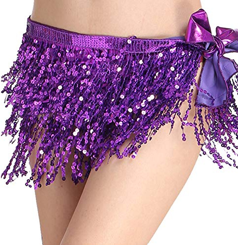 MUNAFIE Bufanda de cadera con borlas de lentejuelas, faldas con flecos, bufanda de cadera para festivales, falda de danza del vientre, Púrpura, Talla única