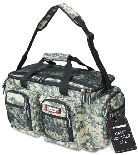 Robinson Angeltasche | robuste Anglertasche mit Schultergurt & Fächern | Strapazierfähiges Gewebe · Geräumige Hauptkammer · Seiten- & Fronttaschen · Camo, L (22L) · 980 g
