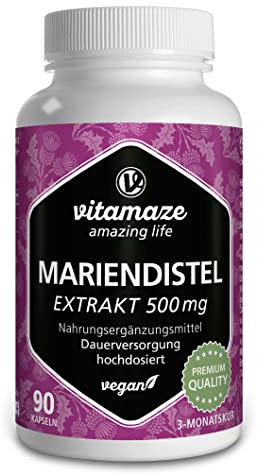 Cardo Mariano Fegato +10.000 mg (25:1) di 90 Capsule, 1 per giorno di Alto Dosaggio e Vegano con 80% di Silimarina Integratore Alimentare Naturale senza Additivi, Qualità Tedesca. Vitamaze®