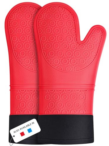 Silicone Oven Gloves, Heat Resistant Silicone Oven Mitts, Extra Long Non-Slip Gloves for Kitchen Heatproof 446 F, Red, 1 Pair