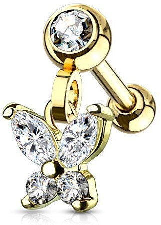 Tapsi´s Coolbodyart® Ohr Cartilage Tragus Barbell Edelstahl Chirurgenstahl 316L Gold Zirkonia Schmetterling Anhänger