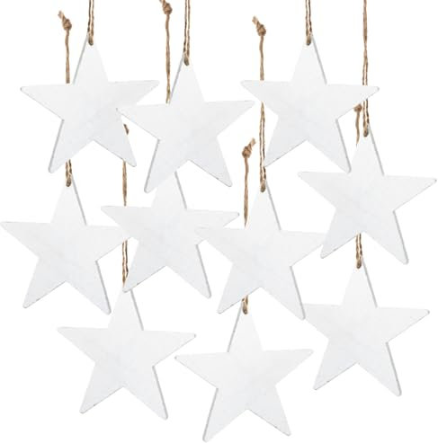 10 weiße Holzsterne 10 cm zum Aufhängen – Weihnachtsanhänger aus Holz mit Juteschnur, Weihnachtsdeko zum Basteln & Dekorieren – Logbuch-Verlag