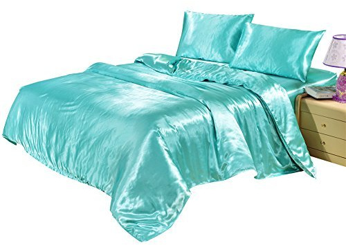 DREFEEL Silky Satin Duvet Cover Queen/Full Size Silky Bedding Set Solid Aqua Blue with Hidden Zipper Ties Soft Stain Resistant Hotel Quality Quilt/Comforter Case Emerald Green
