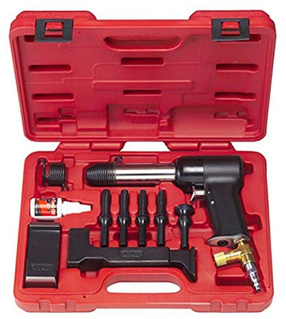 3X AIR HAMMER KIT FOR SOLID RIVETS. COMES WITH 2 BUCKING BARS, 4 CUPPED UNIVERSAL HEAD BITS (3/32, 1/8, 5/32 & 3/16), A 1 FLUSH DIE, AND 2 RETAINING SPRINGS. HRH-3X-737