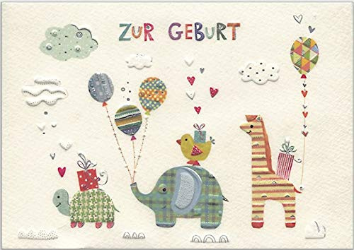 kidsnado Hochwertige Glückwunschkarte zur Geburt mit süßer Tierparade geprägte Grußkarte mit Umschlag von Turnowsky