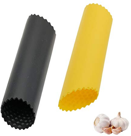 Silikon Knoblauchschäler, 2 Stück Knoblauchpresse Wippe, Küchenhelfer Silikon Garlic Press Knoblauch Schäler, Einfach und Praktisch Küchenwerkzeug Schnellschälrolle, Schwarz/Gelb