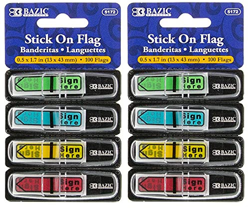 BAZIC Products Neon Page Marker Dispensers, Sticky Notes for Study Materials, Office Use, Sign Here & Neon Colored Page Markers for Books and Documents, 0.5x1.7, 100 Flags/Pack, 2-Packs