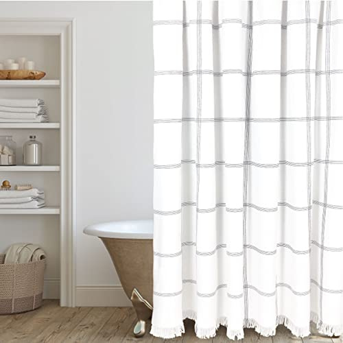 HALL & PERRY Modern Farmhouse Tassel Shower Curtain 100% Cotton Striped Fabric Shower Curtain with Tassels for Bathroom Décor (Black 5, 72x72)