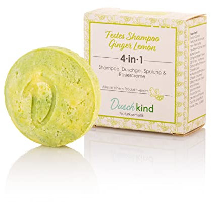 Duschkind Shampoo solido Ginger Lemon 4 in 1 – Shampoo gel doccia balsamo crema da barba – fatto a mano in Germania, olio di babassu, per capelli normali, vegani e senza plastica