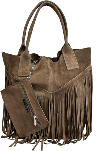 Modarno Borsa shopper da donna in vera pelle scamosciata con frangia più custodia per gioielli dello stesso colore - Borsa a mano - Borsa a spalla (Taupe)