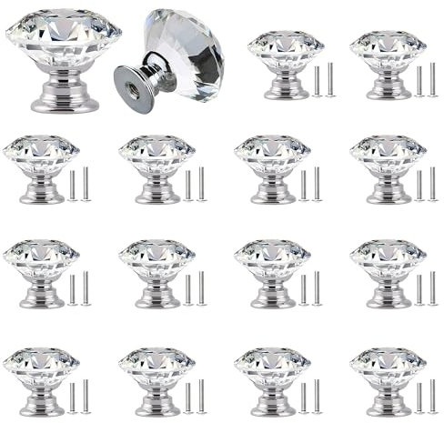 YEYIT Möbelknöpfe Kristall 16 Stück Diamant Kristallglas Moebelknopf 30 mm Schrankknöpfe Kristall Türknauf Schubladenknöpfe Knöpfe Für Kommode, Möbel, Schrank, Mit Schrauben