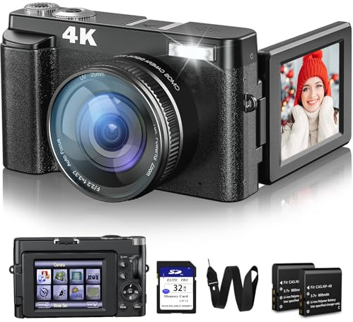 4K Appareil Photo Numérique 32G Carte 48MP Caméra Numérique Compacte avec Chargeur Caméra Selfie 3 180° Flip Ecran Eclair 16X Zoom Digital Caméra Portable pour Débutants (Noir Mat)