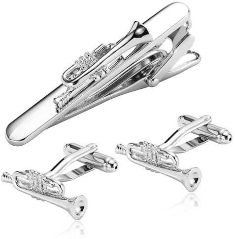 Dsnyu Manschettenknöpfe Krawattennadel Set, Manchettenknoepfe Herren Silber Trompete Edelstahl Hemd Anzug Damen Schmuck für Geburtstag Hochzeit