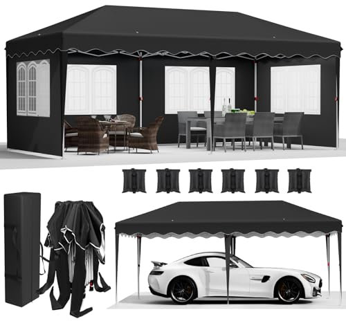 Pavillon 3x6 Faltpavillon mit 4 Seitenteilen 6 PCS Sandsack, Wasserdicht Partyzelt 420D Oxford Verdicken, Anti-UV 50+ Gartenpavillon, inkl. Tragetasche, Pavillons für Garten Party Hochzeit, Schwarz