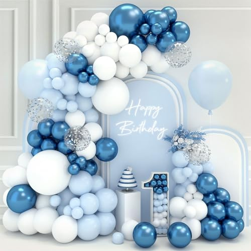 Blå Och Vita Ballonger Arch Kit, 102pcs Blå Födelsedagsballonger Kit Med Metallisk Blå Vit Ljusblå Ballong (18 12 10 5 Tum) För Födelsedag Baby Shower Kommunion Nyårsafton Dekorationer