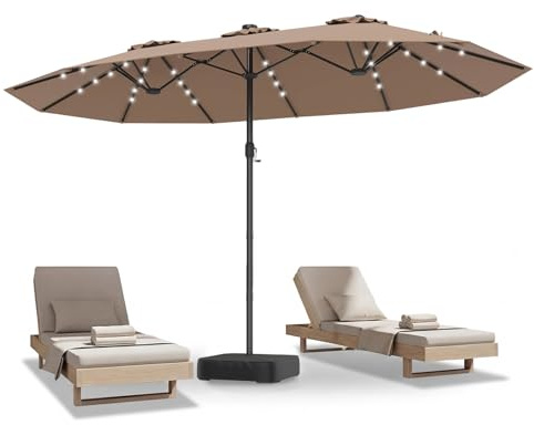 COSTWAY Doppelsonnenschirm mit Ständer und LED-Solar-Beleuchtung, 450 x 260 cm, Sonnenschirm Groß XXL, UPF 50+, Gartenschirm mit Kurbel, Terrassenschirm, Marktschirm für Garten, Terrasse (Braun)