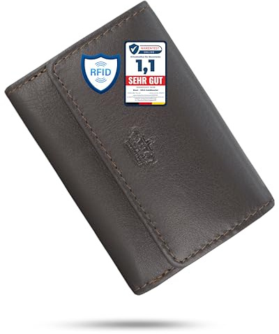 Baur Mini-Geldbörse für Damen und Herren – Echtes Leder mit RFID-Schutz – Kleines Portemonnaie mit 2 Kartenfächer – Schein- & Münzfach mit Druckknopfverschluss (Dunkel Braun)