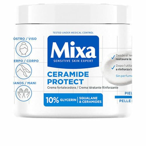 Mixa Crema Idratante Rinforzante, Per Pelli Sensibili e Molto Secche, Pelle Idratata a Fondo, Con il 10% di Ceramidi, Glicerina e Squalano, Senza Profumo, Ceramide Protect, 400 ml