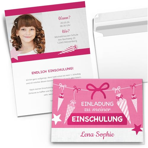 10 Einladungskarten Einschulung mit Foto & Text personalisiert Schulanfang | mit Umschlägen Motiv Rosa Schultüten Schuleinführung Mädchen Einladung