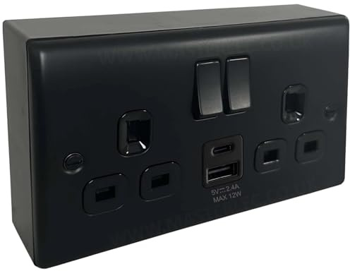 Matt Black 12W USB A&C Double Socket with 32mm Black Surface Pattress Back Box