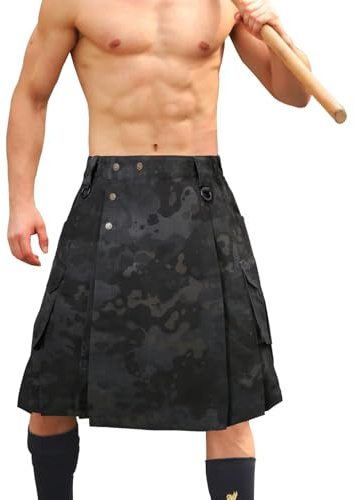 TRGPSG Kilt for Men Pleated Utility Kilt Camo Scottish Tactical Kilt 23 Irish Highland Hybrid Kilts with Multi Pockets Black Camo 40