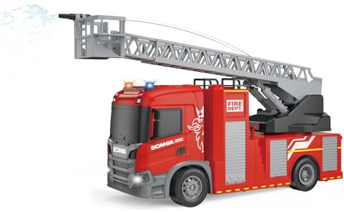 Cheerful Toys Feuerwehrauto Spielzeug - Scania 30,8cm Feuerwehr Auto Spielzeug mit Drehleiter, Wasserpumpe, Licht und Sound, Rettungswagen Löschfahrzeug für Jungen 3 4 5 6 Jahre