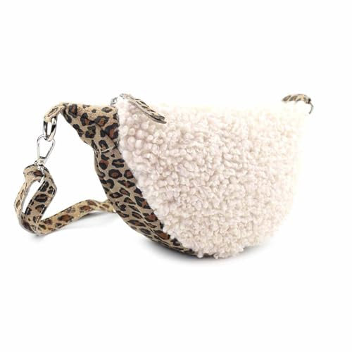 OBC Made in Italy Damen Teddyfell Tasche Leo Muster Plüsch Wildleder Schultertasche Bodybag Umhängetasche Crossbody Beige