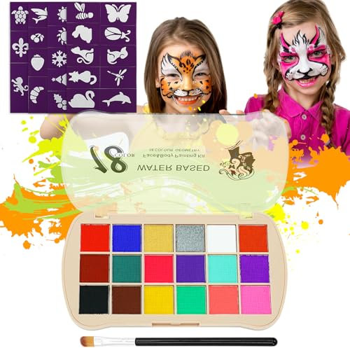NebulaGlam Kinderschminke Set, 18 Farben Face Paint Body Paint für Kinder, Schminkfarben Schminkpalette mit Berufs Pinsel, 40 Tattoo-Vorlagen, für Halloween Karneval Make-up Fasching (A)
