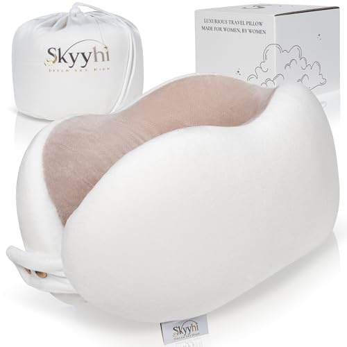 Skyyhi Women's Small Fitted Neck Pillow for Traveling, Memory Foam Travel Pillow, Travel Neck Pillows for Airplanes, Travel Essentials for Flying, Plane Pillow in Taupe and White