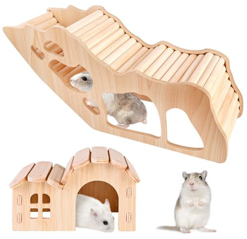 Hamster-Kletterleiter mit Hamster Haus,Hamster Spielzeug, Hamsterhaus, Hamster Spielzeug, Hamsterleiter, Holz-Kletterspielzeug und Brückenkäfig-Dekoration für Kleine Haustiere Rennmäuse Zwergmäuse
