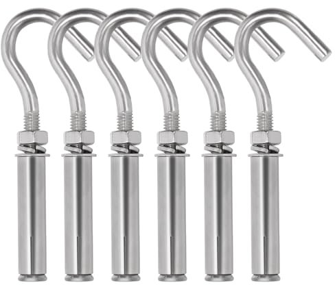 Swpeet 6Pcs M6 Stainless Steel Open Cup Hook Expansion Screws Bolts, Heavy Duty Concrete Wall Hook Anchors, Expansion Hook, Ceiling Hook Bolts, Metal Wall Hangers for Concrete Wall