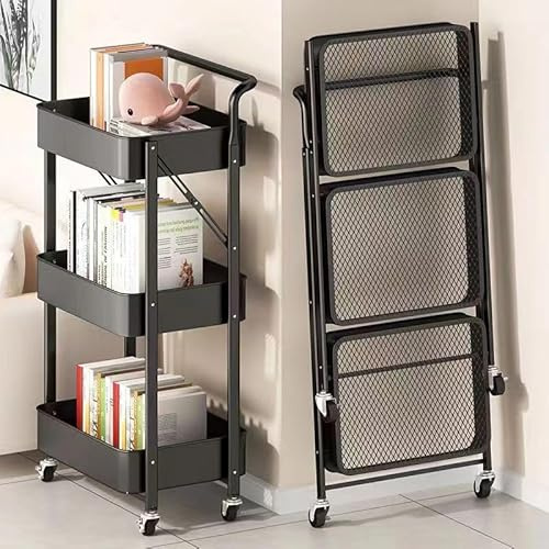 Deconation Desserte à roulettes Pliante Noire | Chariot De Cuisine Roulant Et Pliable 3 Niveaux De Rangement | H 90 Cm X L 40 Cm X P 30 Cm
