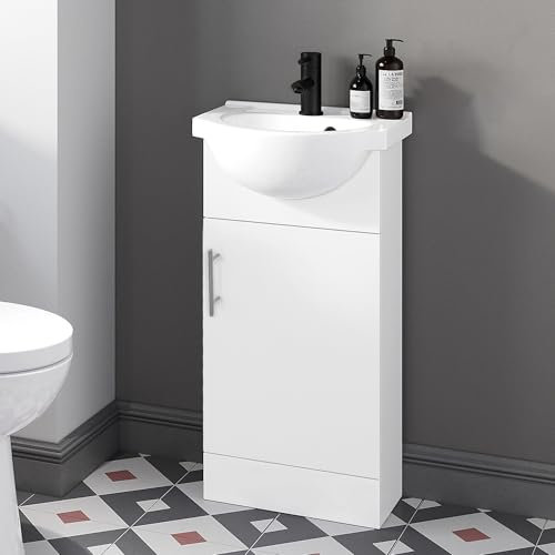 Home Treats 450 Vanity Unit Furniture, Ceramic Wash Basin Sink, Floor Standing, Soft Close Doors Bathroom Storage Cabinet - White (Vanity 45cm)