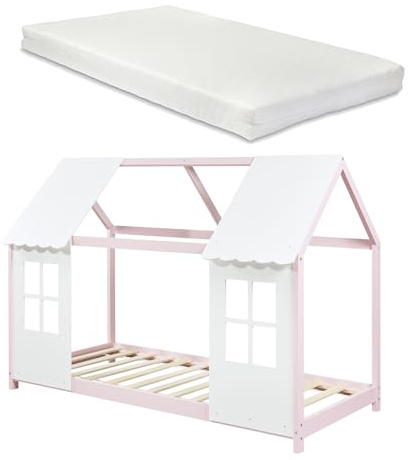 [en.casa] Lit Cabane avec Matelas à Mousse Froid Respirant Sommier à Lattes Lit Enfant en Forme Maison avec Fenêtres et Toit Bois de Pin Contreplaqué 90 x 200 cm Rose Blanc