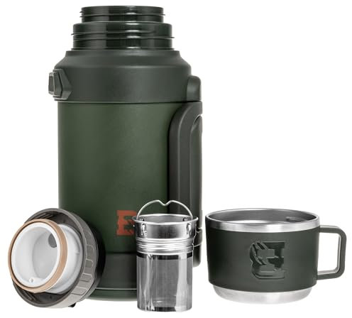 Badger Outdoor Big Boy Thermos Flask 1.3L | Vacuum Insulated Stainless Steel Bottle | One Touch System | Tea Infuser Included | 24h Heat Retention | Shoulder Strap | Olive Green