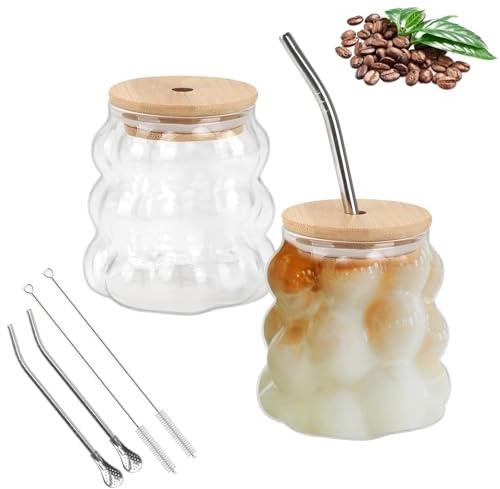 FOGAWA 2PACK Glass Coffee Mugs 350ML Latte Glasses Coffee Glasses Iced Coffee Cup with Bamboo Lid Glass Cups Grape Shape Drinking Glasses with Straw Spoon for Cappuccino Milk Juice Tea Beer