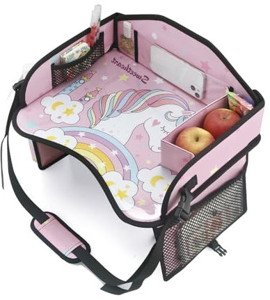 PandaEar Kids Travel Tray for Car Seat, Unicorn Lap Tray for Girls with Tablet Holder, Snack Storage & Cup Holder, Road Trip Table for Toddler Activities Drawing