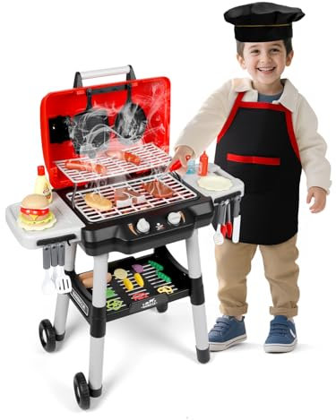 Kinder Küche Spielzeug Barbecue Grill Spielsatz Kochen Interaktives Spielzeug mit Rauch Klang Licht Simulation Koch Schürze Hut Kleiner Koch Pretend Spielen Zubehör Weihnachten Geburtstagsgeschenk